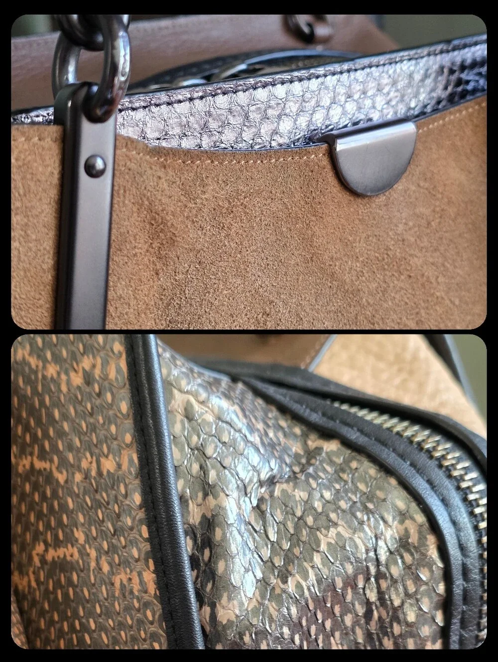 Coach Dreamer 36 37130 Colorblock Tan Suede Leather Snakeskin Satchel Bag